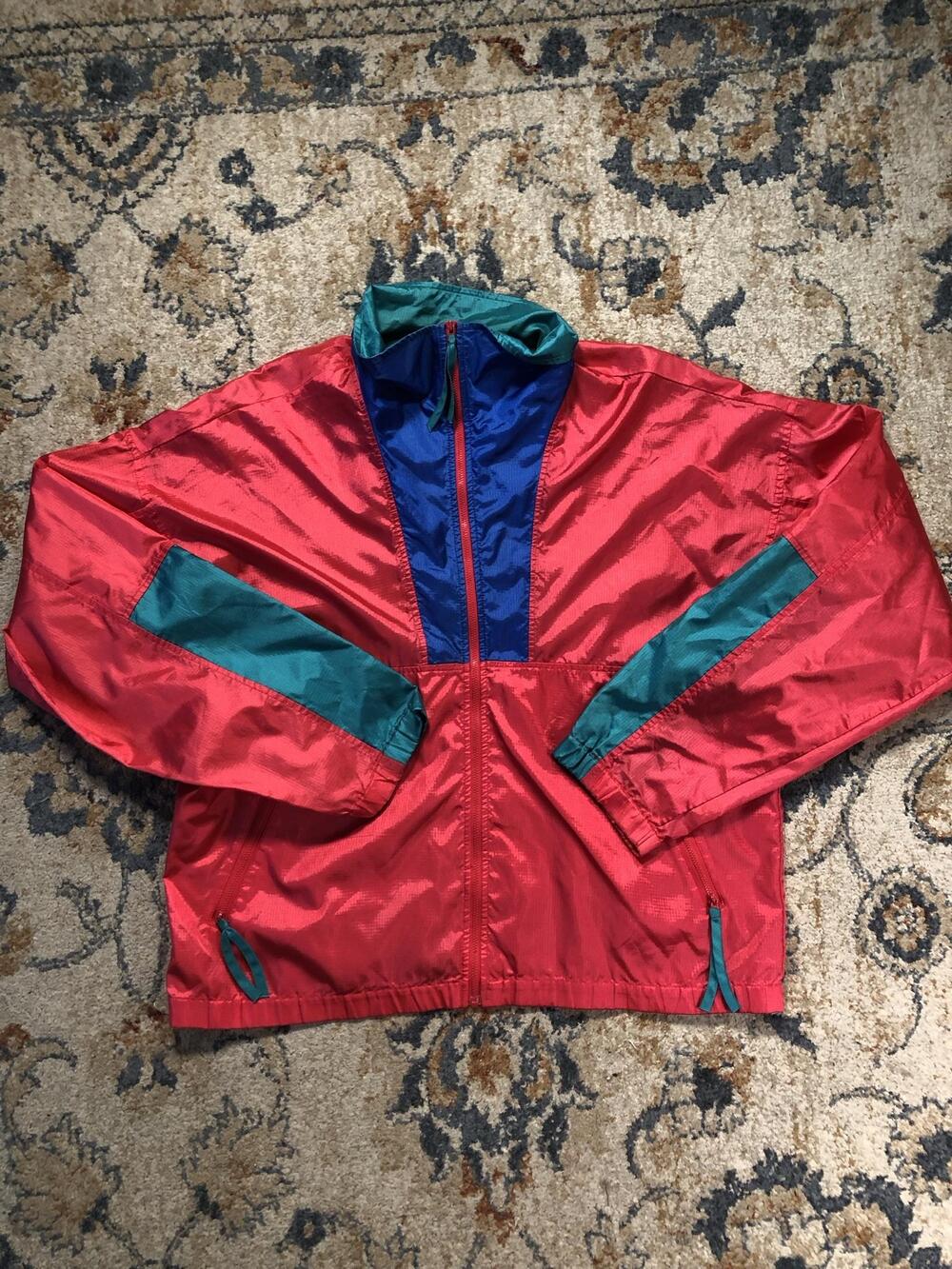 Vintage Columbia Windbreaker Jacket Mens Large Red Teal Nylon Colorblock 90s